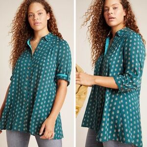 Maeve Anthropologie Woman Green Button Down Relax Tunic Top MEDIUM Classic